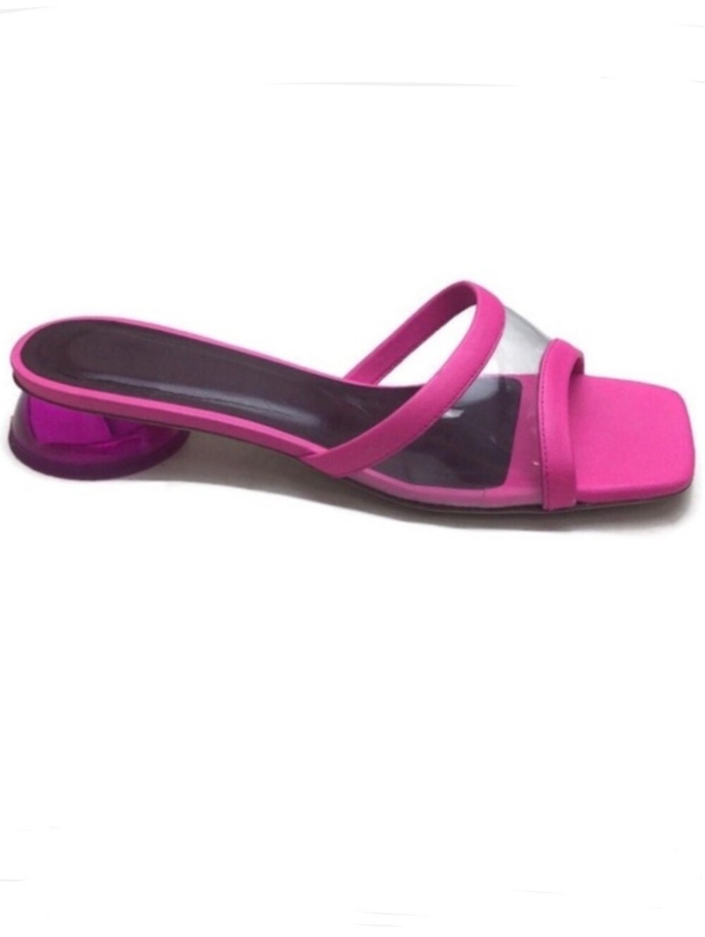 New Staud Simone Clear Bougainvillea Pink Leather Lucite Heeled Mules Size 7.5